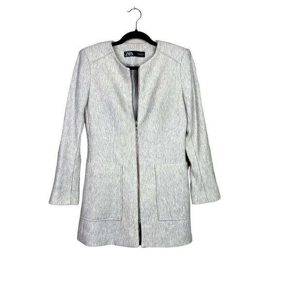 Zara Longline Herringbone Long Sleeve Jacket Blazer Zip Up Pockets M Grey #3132 - Picture 2 of 14